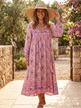 Bohemian Floral Midi Dress Pink Cottagecore Prairie Peasant Dress Size 6